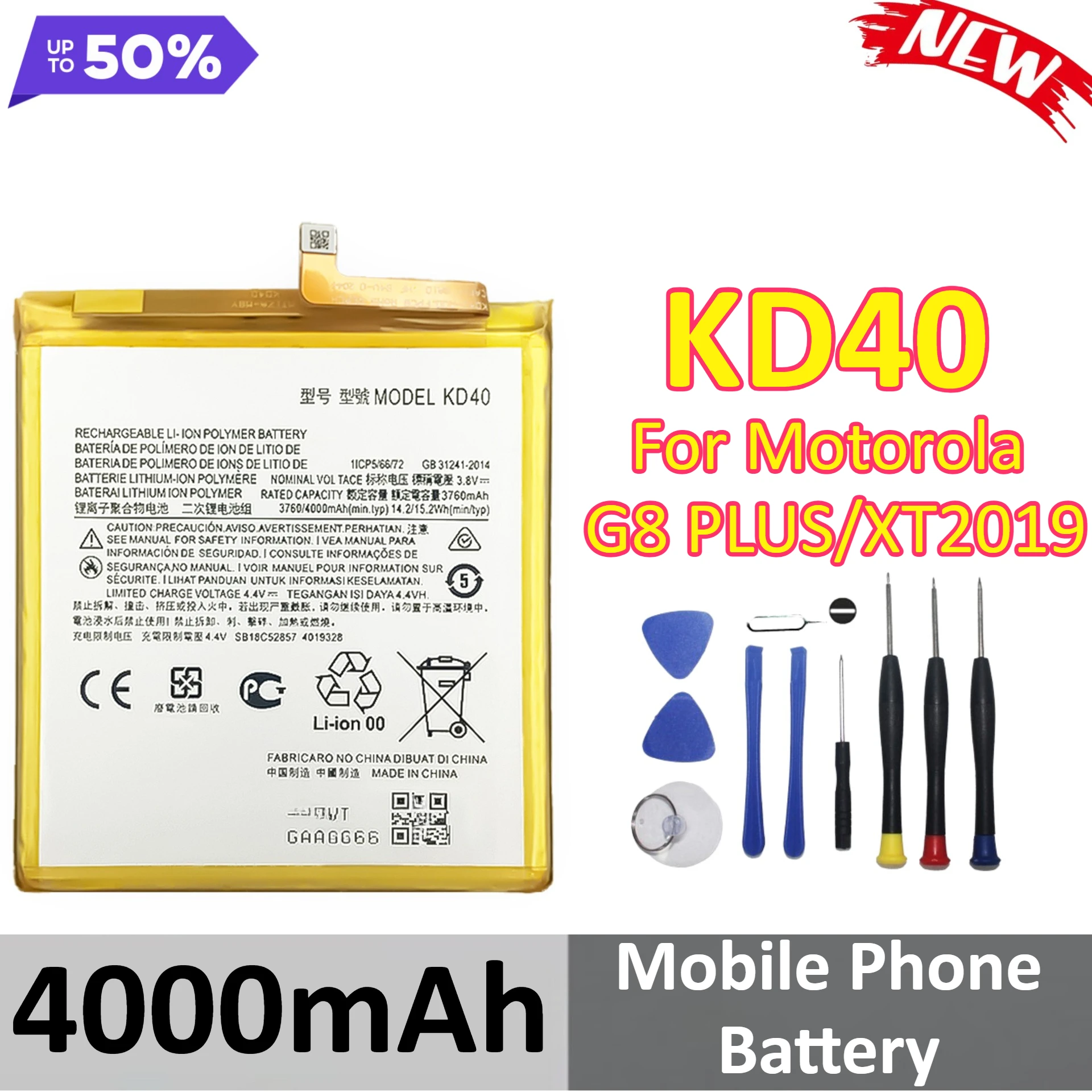 

New KD40 4000mAh Mobile Phone Battery For Motorola G8 PLUS/XT2019 XT2019-2 Rechargeable Batteries + Tools