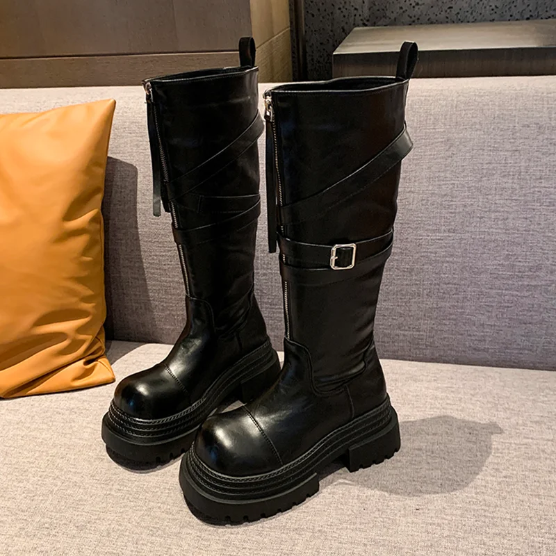 

High Heels Women's Long Boots Designer Platform Buckle Shoes 2025 Fashion New Motorcycle Boots Trend Goth Knee High Ladies Boots