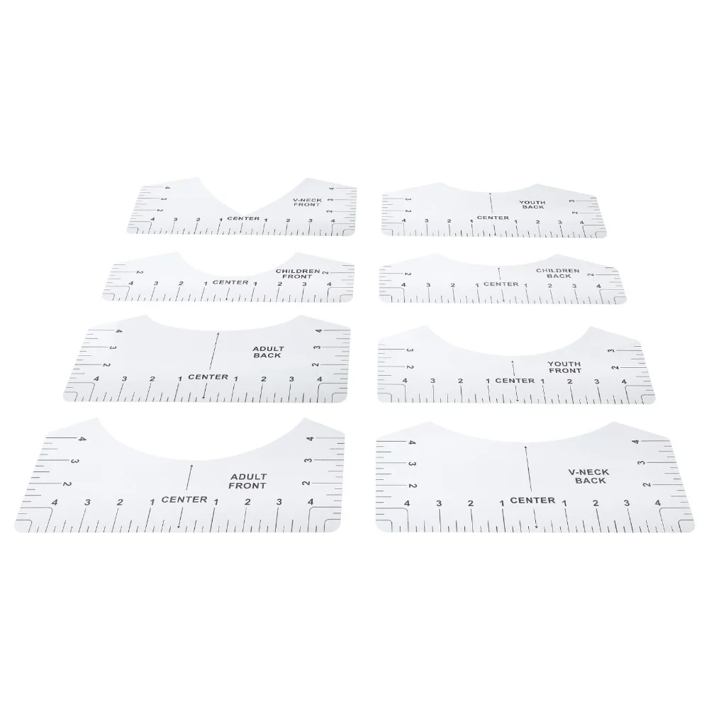8pcs Round Neck T-Shirt Alignment Ruler V-Neck Transparent PVC Sewing Alignment Guide Logo Placement Tool For Heat Press