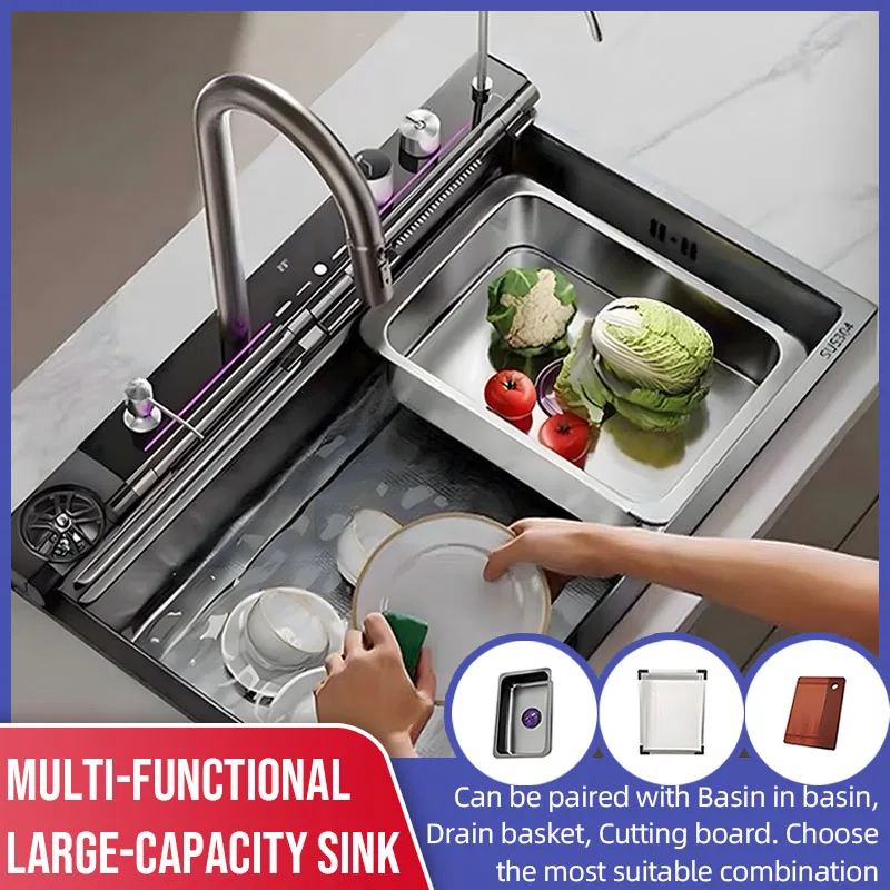 

80x45cm Kitchen 304 stainless steel Sink Piano-style key design Intelligent digital display Multi-function integrated tap