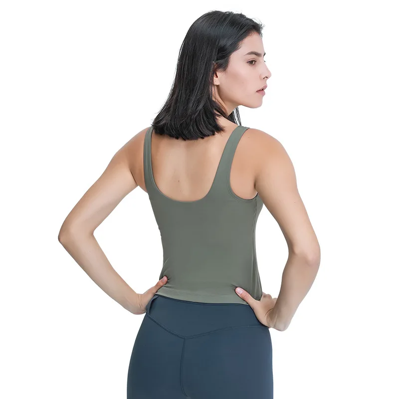 New 2024 Women Waist-Length Tank Top V-neck 4-way Stretch Sweat-wicking Yoga Shirt With Removable Cups U-Back Workout Vest