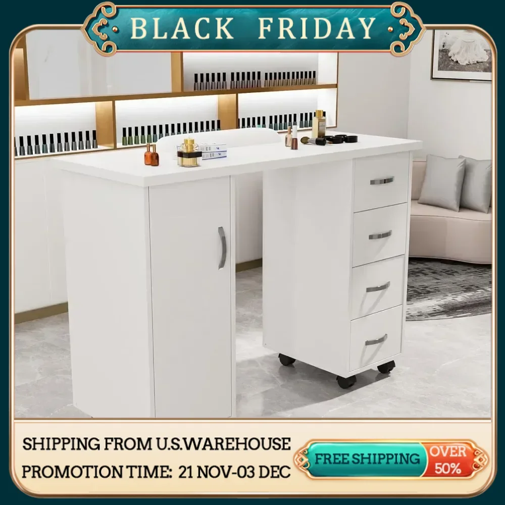 

Nail Desk w/Cabinet, Drawers, Wheels & Arm Rest, Spa Salon Beauty Home Wooden Technician Workstation Nail Art Equipment