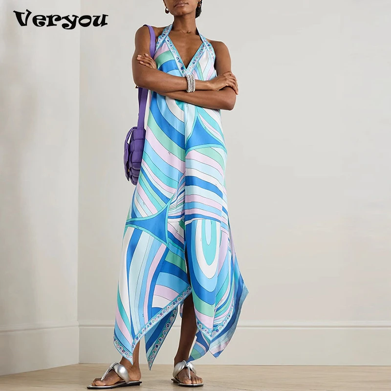 Abiti lunghi stampati senza maniche eleganti da donna a maniche lunghe con scollo all'americana estivo per le donne Abito casual da spiaggia allentato Boho