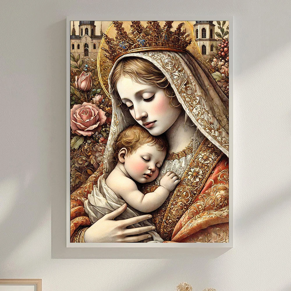 مريم العذراء زهرة الماس طقم الطلاء 5D DIY كامل فسيفساء التطريز حجر الراين أيقونة الدينية نعمة روز صورة جدار ديكور