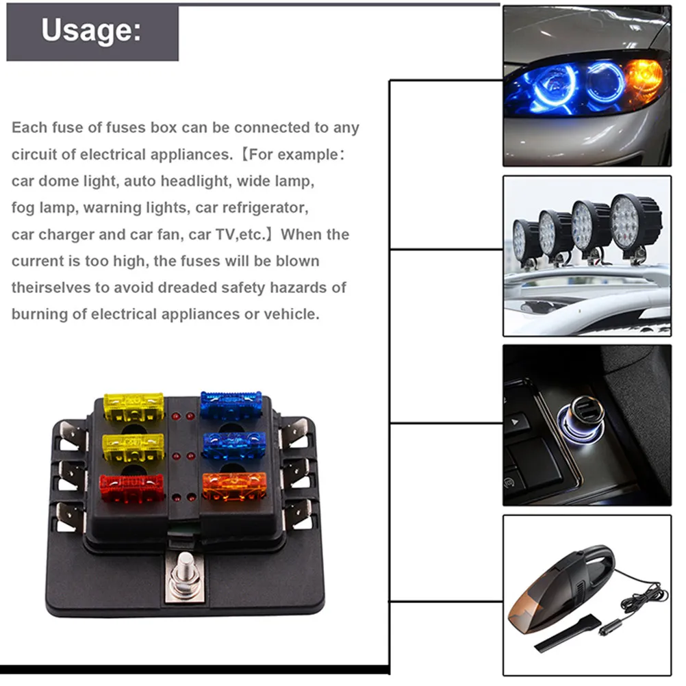 12-30V 6 Way Fuse Box Base Pbt Anti-Flame Retardant Pc Terminal Block for Car Audio Rv Villa Boat LED Fuse Indicator Screw