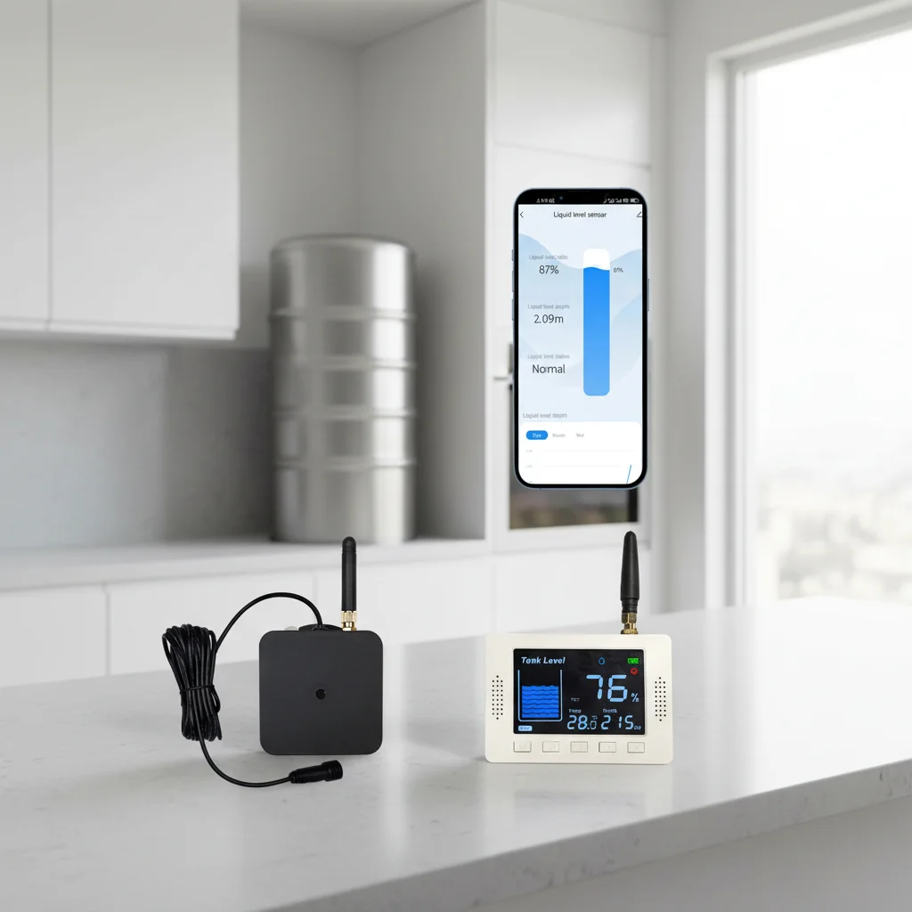 Battery‑Operated Wireless Ultrasonic Tank Level Sensor, Tuya WiFi Diesel Monitor with Indoor Display Screen