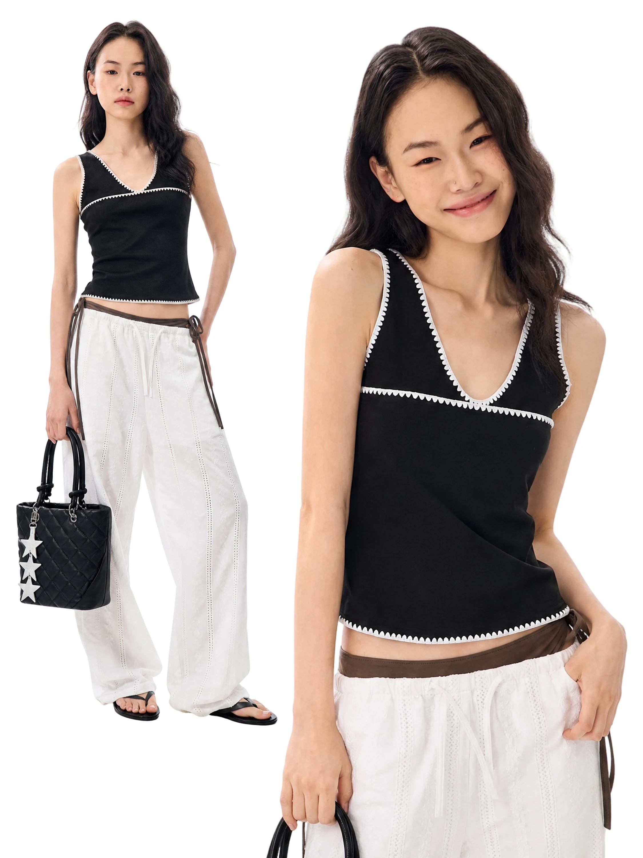 Gogo Burn American Style Short V-neck White  Strap Vest Women's Summer New Design Slim Fit Top Cotton Lyocell Spandex