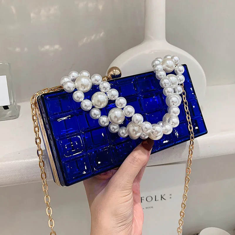 Acrylic Transparent Box Shape Crossbody Bag Elegant Pearl Bead Chain Design Shoulder Bag Pvc Women\'s Designer Small Square Bag