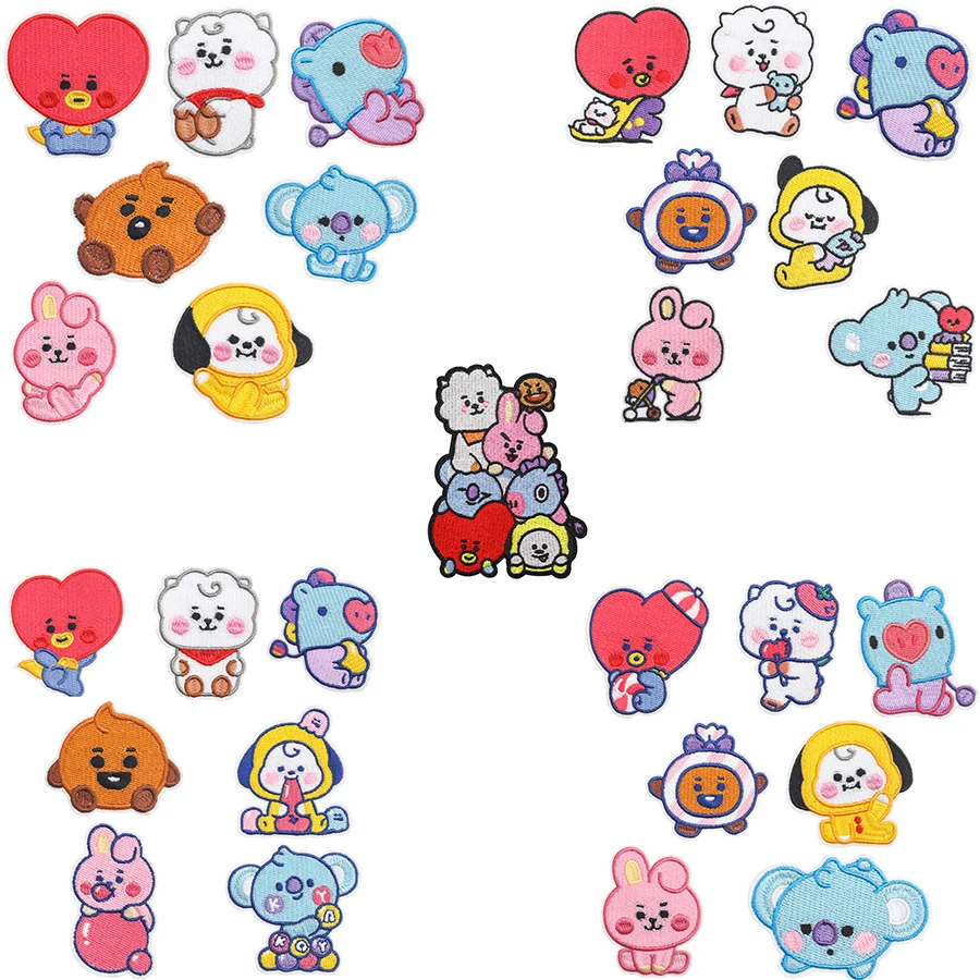 Conjunto de Patches Decorativos de Tecido DIY BT21 com Bordado de Desenhos Animados. Pode ser usado para decorar roupas e bolsas.