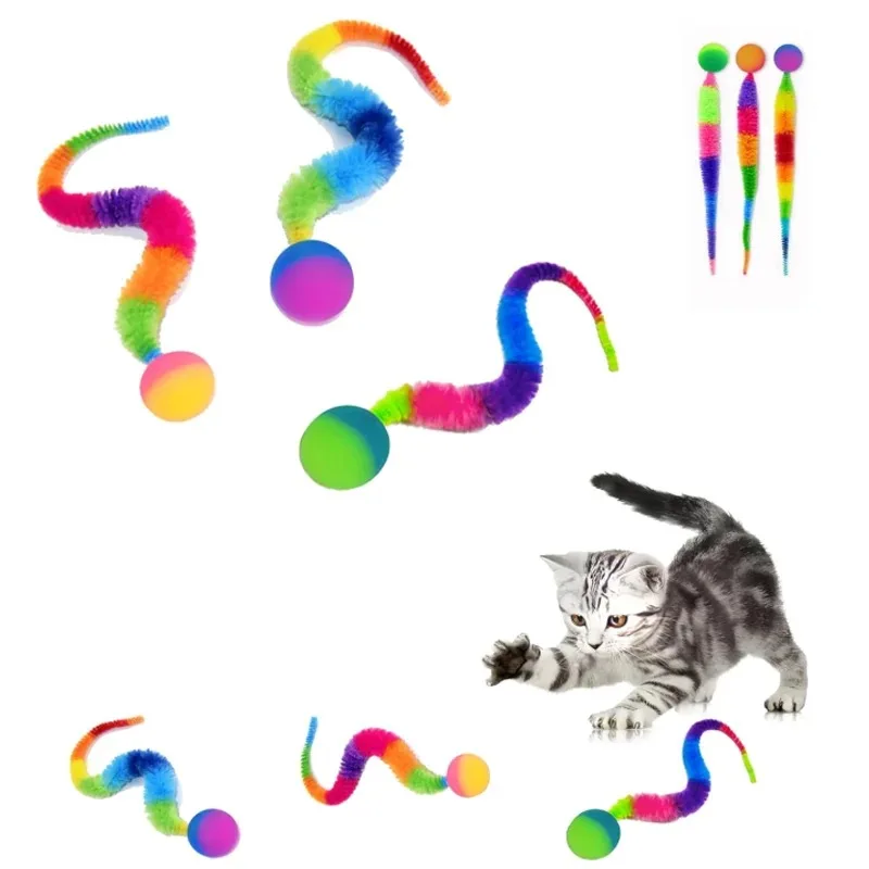 3pcs Ball with Tail Cat Interactive Toys Rainbow Magic Worm with Ball Toy for Cats Teaser Colorful Balls Cat Toy (Random color)