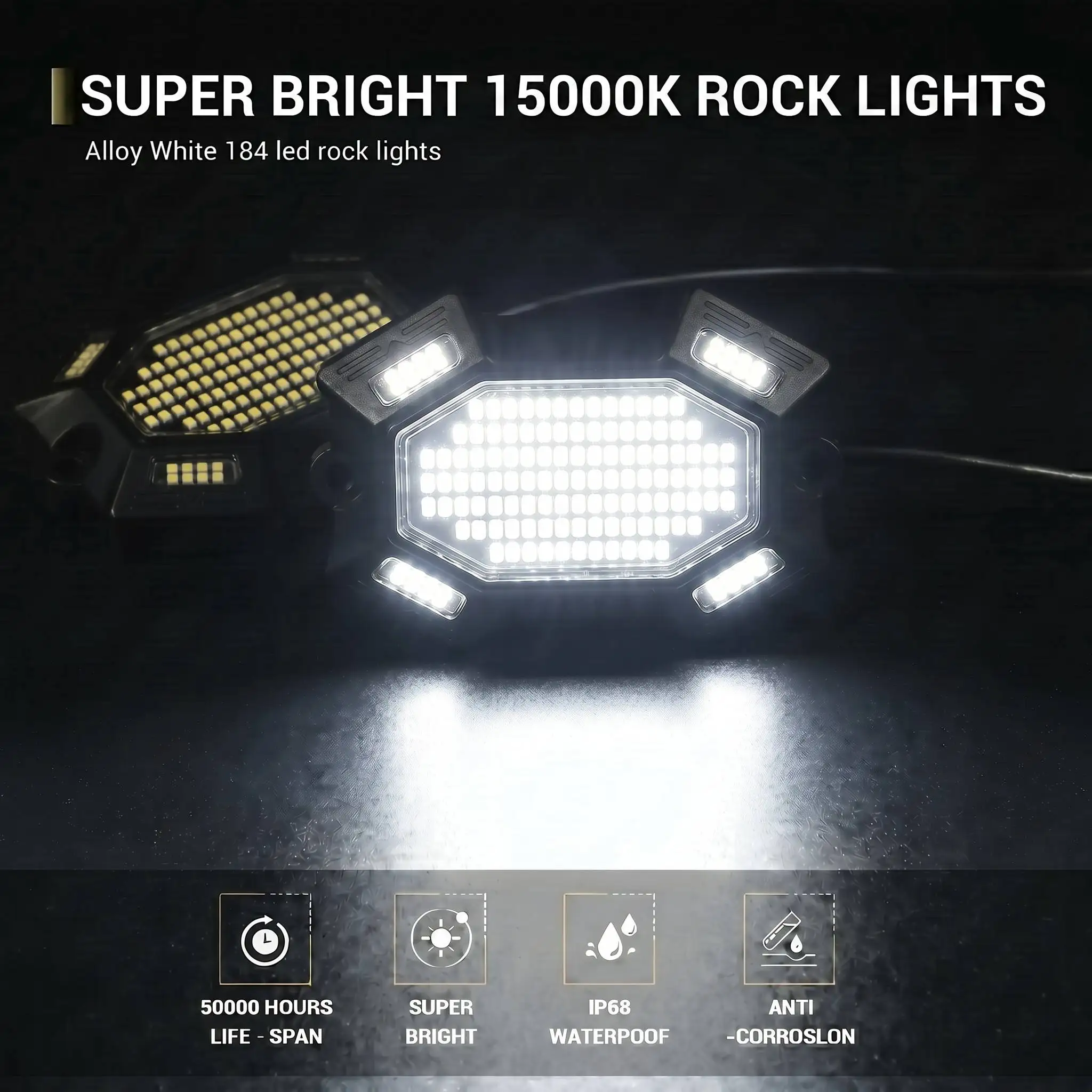 16PCS 184 LED Rock Lights Pure White Ultra-Bright Underglow for Truck SUV Boat Yacht IP67 Waterproof Marine Wheel Well Lights