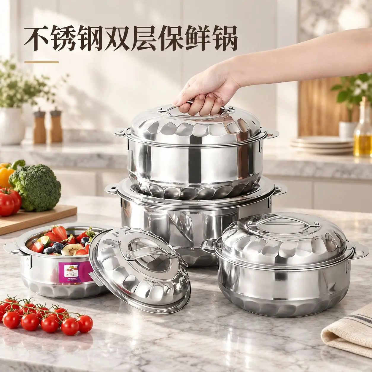 HYS stainless steel orchid double-layer fresh-keeping pot household kitchen cooking large-capacity set pot thickened integrated