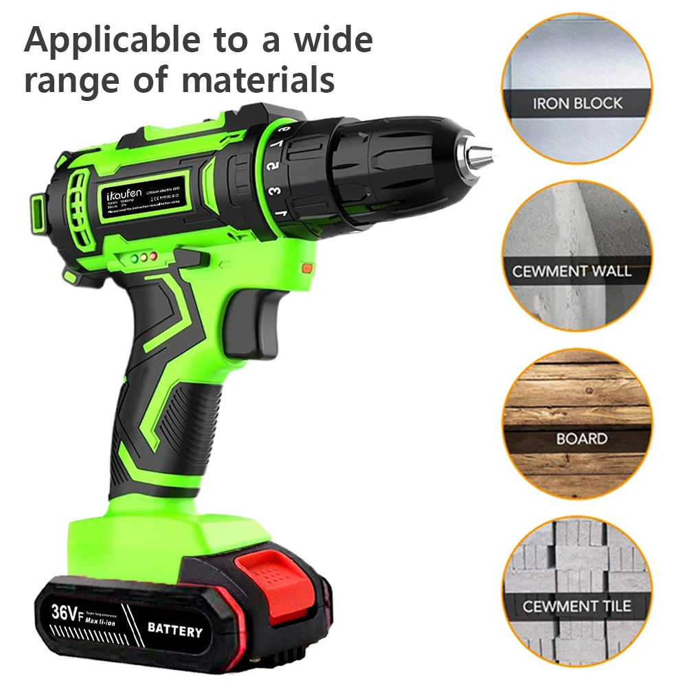 21V Household Power Tools Lithium Battery Rechargeable Cordless Drill Multifunction Screwdriver with Display and Impact Function