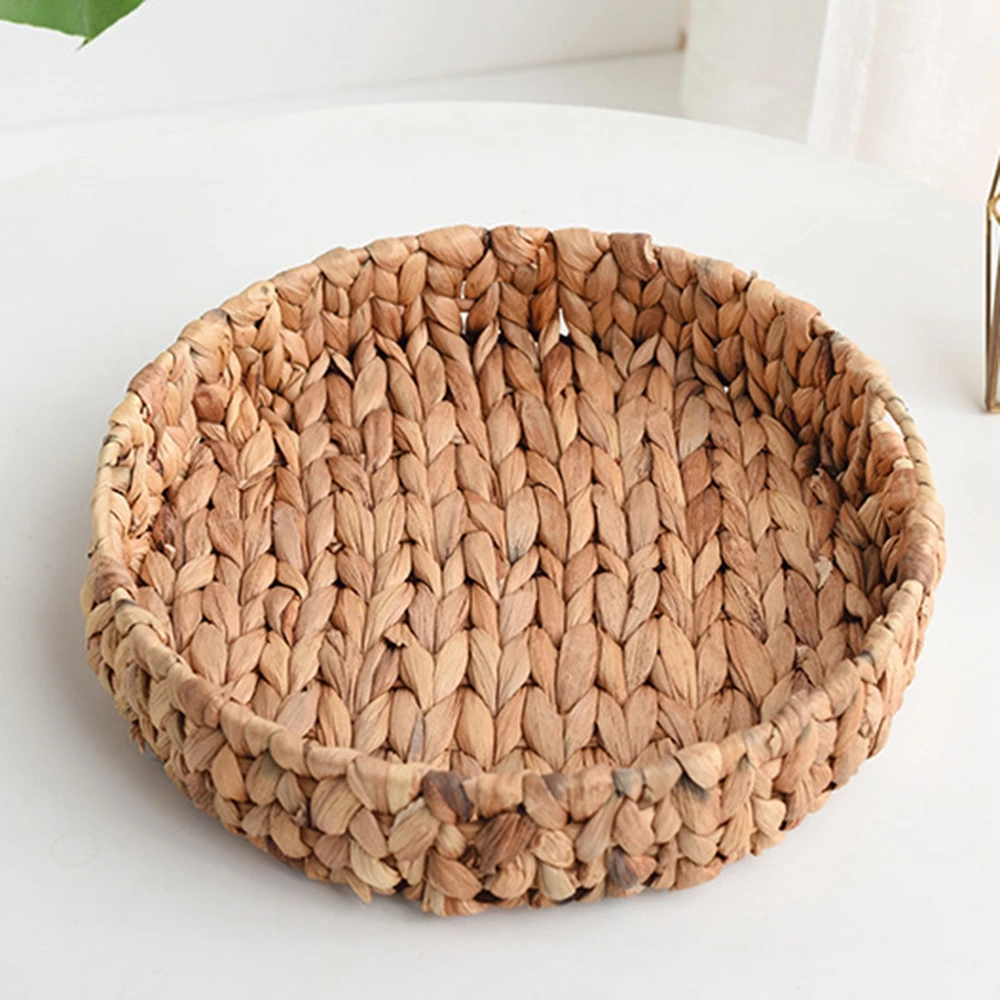 Decorative Round Basket Tray Natural Woven Fruit Vegetable Storage Tray with Handle Grass Weaving Storage Baskets Serving Trays