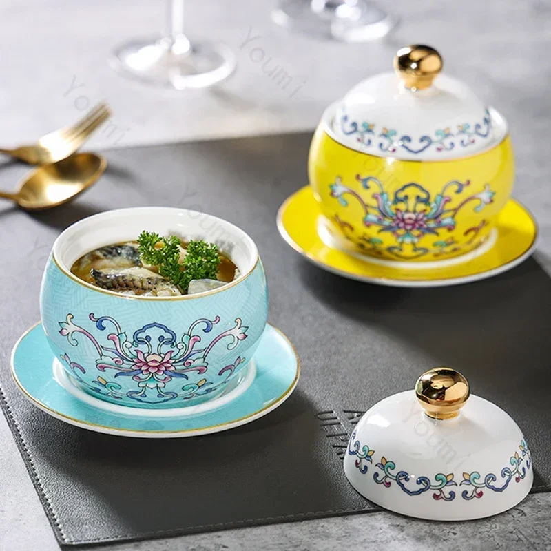 

Retro Court Style Ceramic Soup Bowl Light Luxury Restaurant Dessert Yogurt Cup Delicious Dishes Soup Bowls Household Tableware