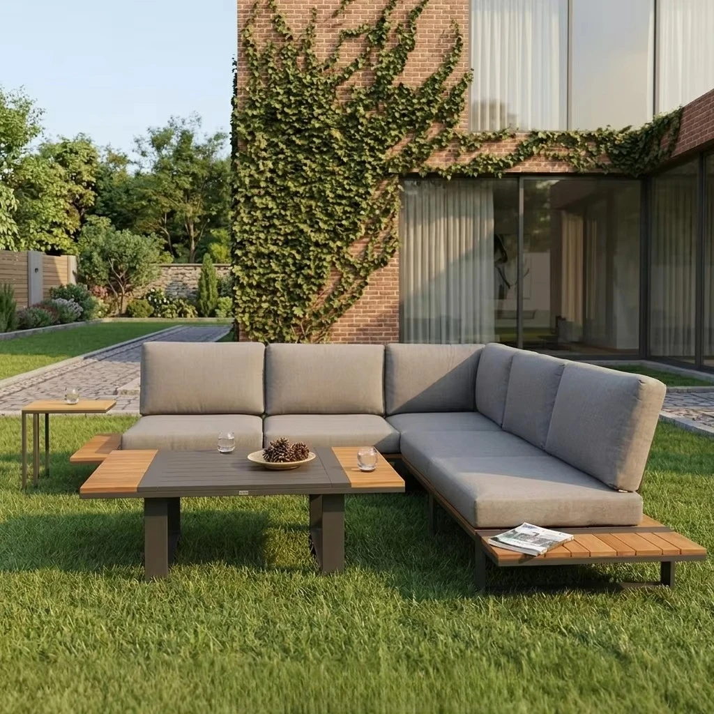du- Fashionable and Minimalist Zen Sofa 7 Pcs Set Home Exterior Teak Aluminum Sofa Set Modern