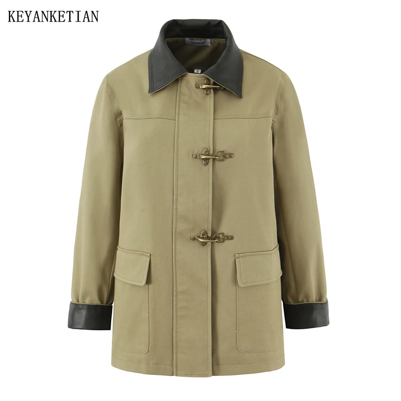 

KEYANKETIAN 2026, весенняя новая женская лоскутная одежда из искусственной кожи с хлопковой подкладкой, куртка в стиле ретро, пиджак с металлическими пуговицами, пальто