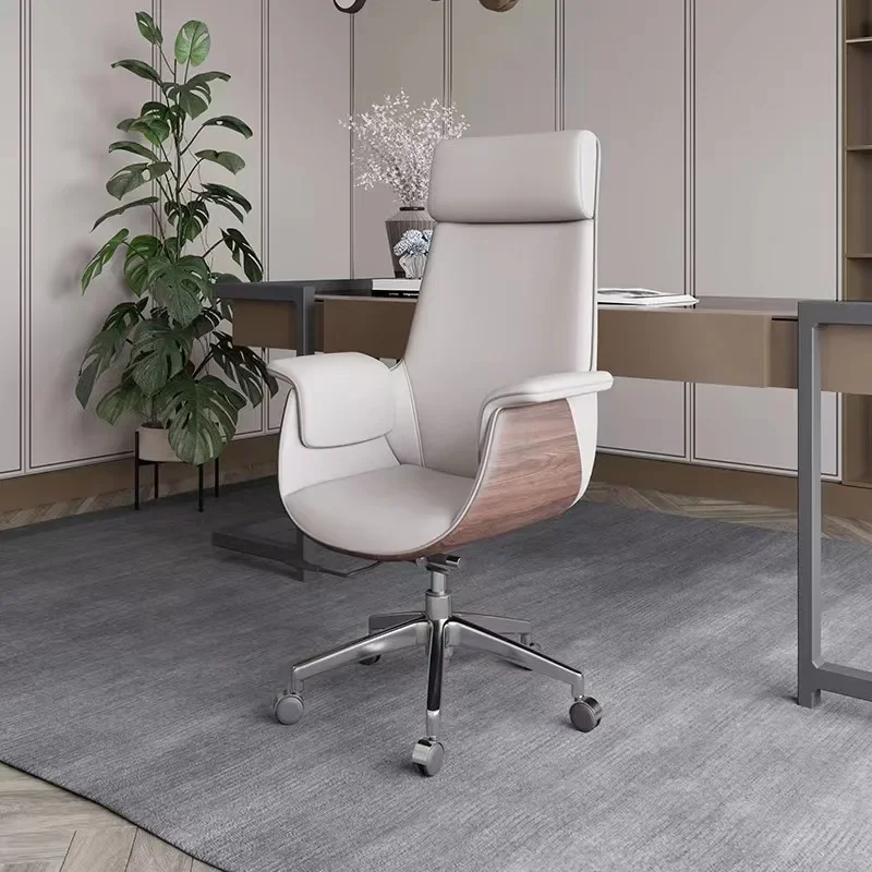 Silla de oficina ergonómica de lujo, silla de oficina giratoria ajustable de cuero Simple, moderna, muebles de habitación de madera maciza