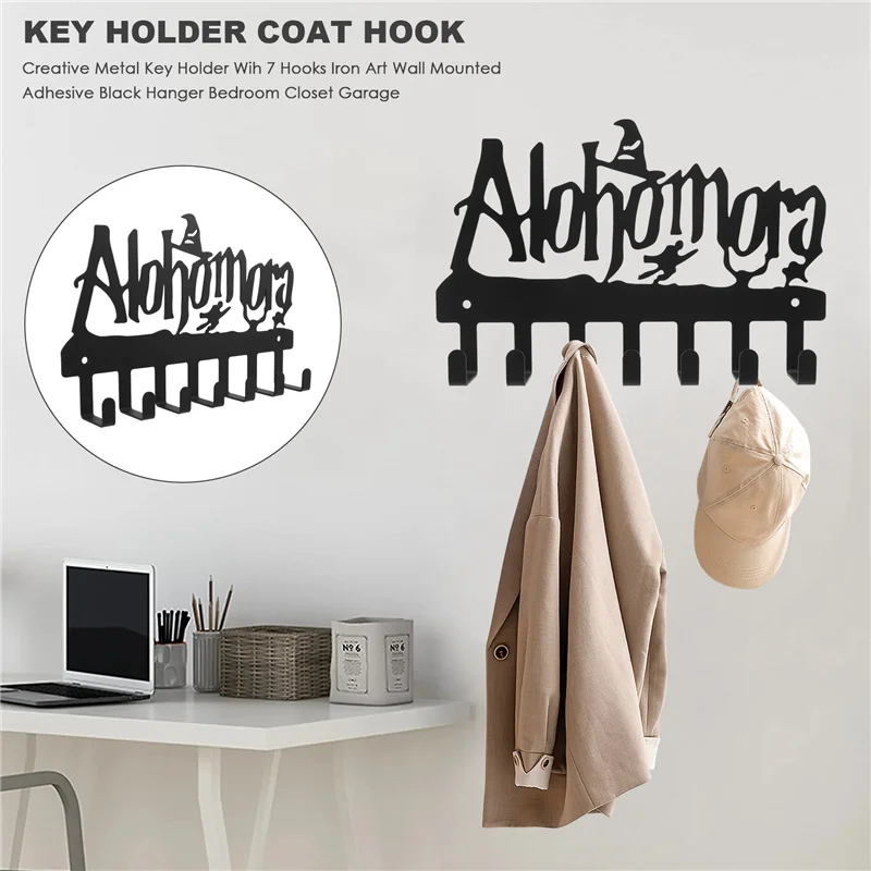 

ABAH-Creative Metal Key Holder Wih 7 Hooks Iron Art Wall Mounted Adhesive Black Hanger Bedroom Closet Garage