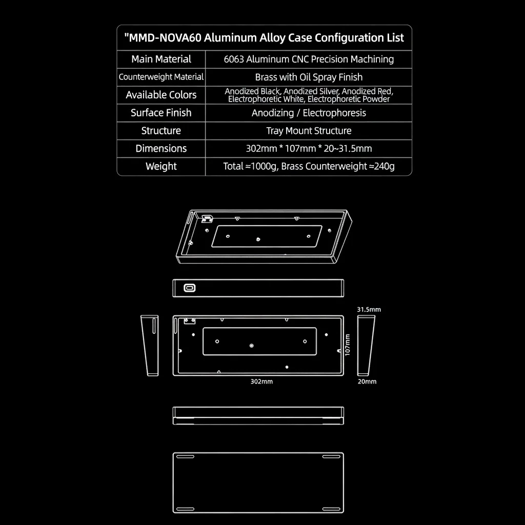 MMD NOVA60 Mechanical Keyboard Case For Wooting60 GH60 Tray Mount CNC Aluminum Alloy 180 Grit Weight Included