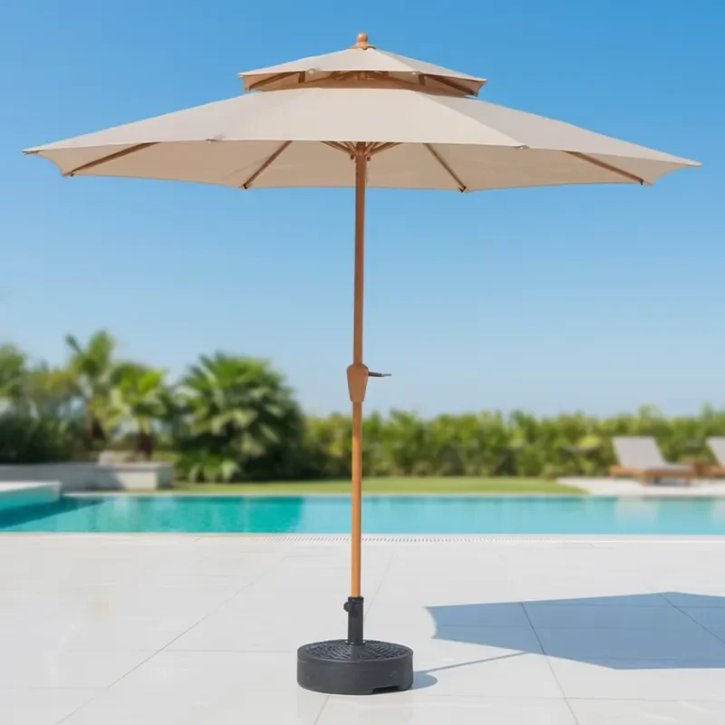 Double Top Modern Wrought Iron Patio Umbrella with Resin Base 9ft Water Resistant UV Resistant for Outdoor Garden Backyard