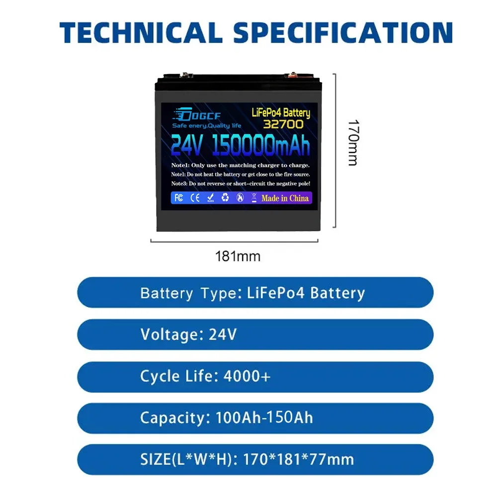24V 150AH LiFePO4 32700 Battery Built-in 120A BMS RV Rechargeable Lithium Iron Phosphate, Solar Marine Overland Off-Grid Battery