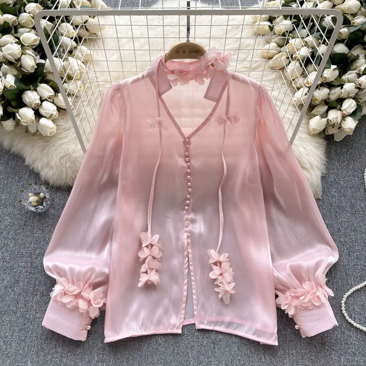 

French Mesh Shirt for Women Autumn Long Sleeves Satin Niche Top