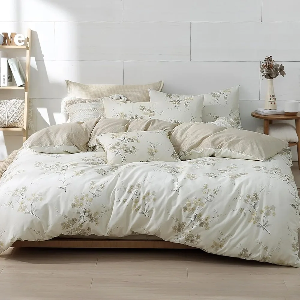 Cotton Comforter King Size - Cream Comforter with Luxurious Grey Branches & Subtle Beige Blossoms, Reversible Lightweight B
