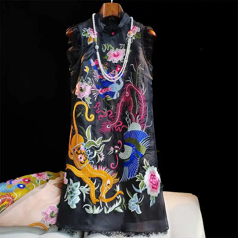 

Chinoiserie Retro Embroidery Phoenix Cheongsam Women's New Summer New Stand Collar Lace Splicing Sleeveless Dress S-XL