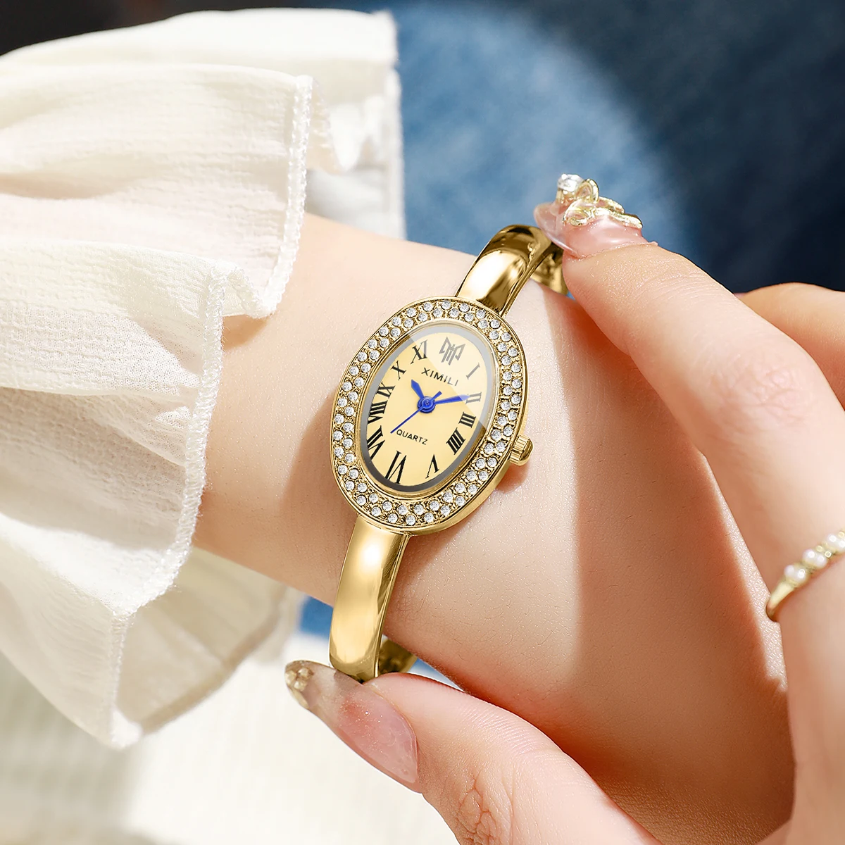 Luxury Rhinestone Women Quartz Watch Elegant Oval Dial Bracelet Bangle Strap Ladies Wristwatch Reloj Mujer Girls Clock Gift