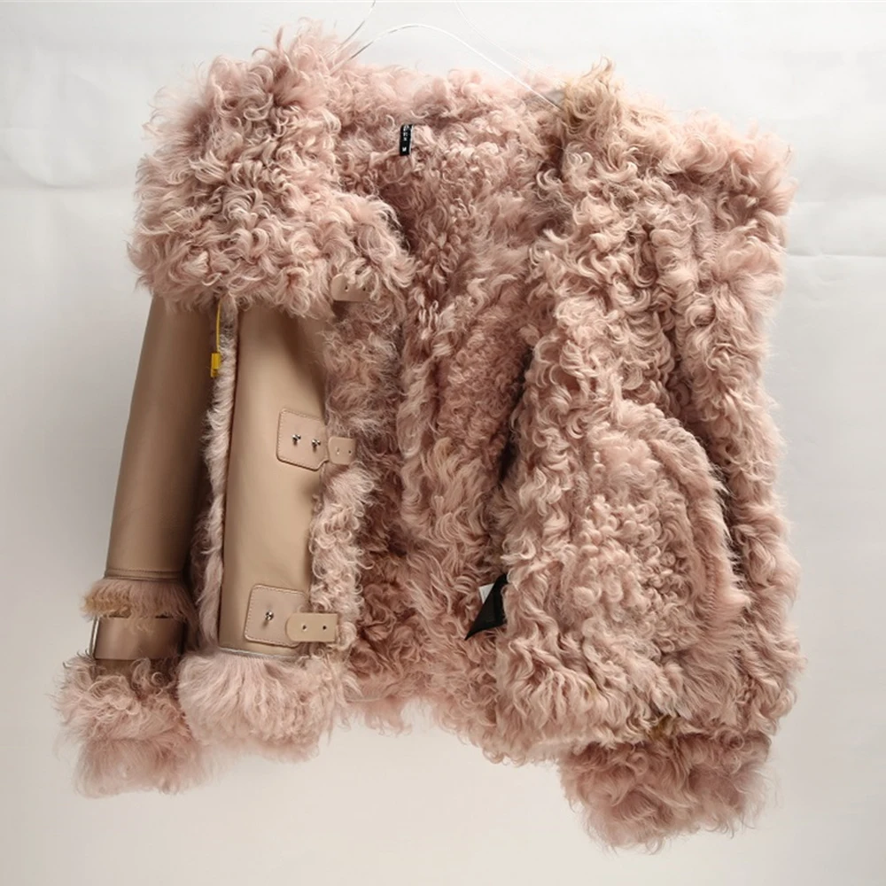 2023 New LUHAYESA Tuscany Lamb Shearling Fur Coat Girl Pink Short Warm Winter Fur Jackets Women Fashoin Shearling Fur Clothes