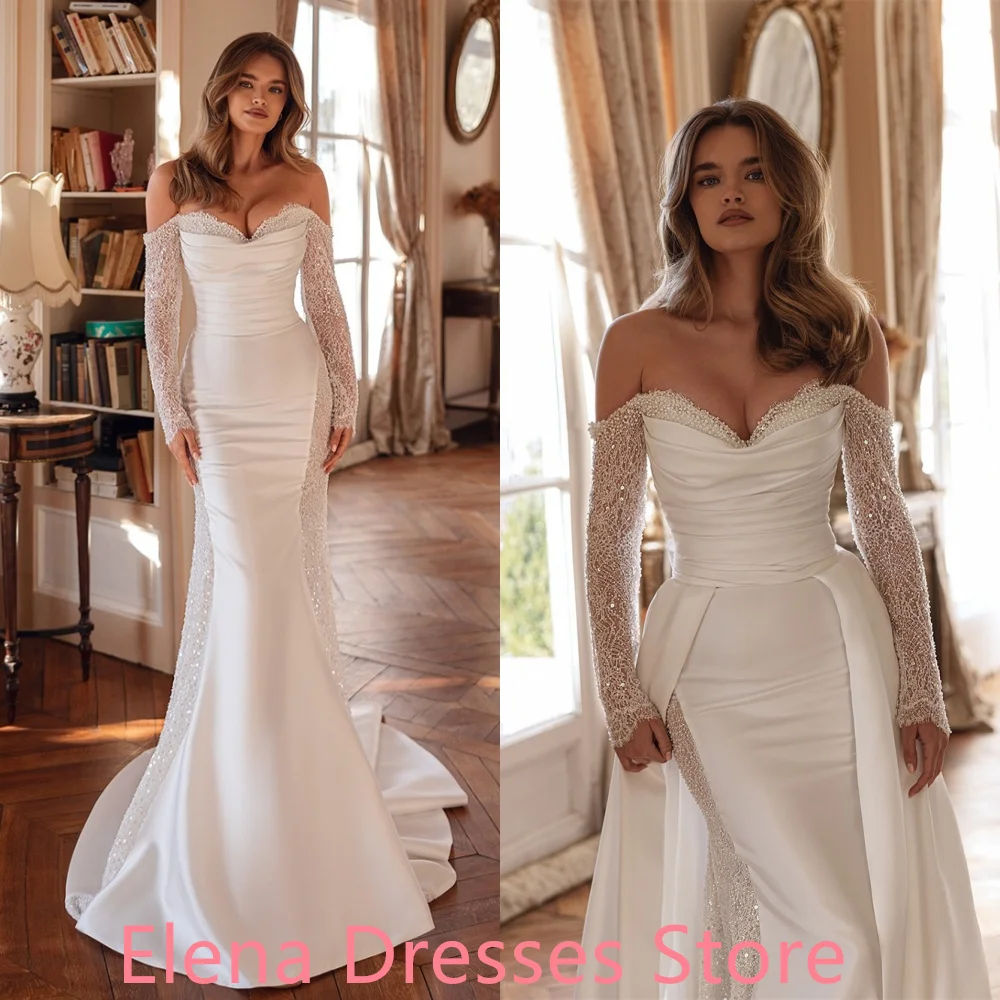 Personalizado elegante/gravcioso branco cetim vestido de baile delicado sem alças fora do ombro sereia zíper voltar robe de soir