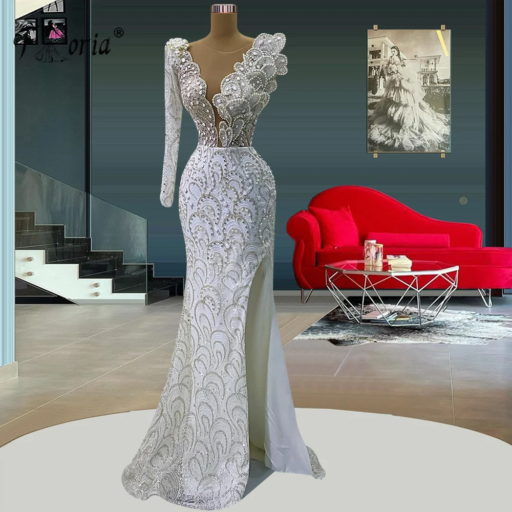 Elegant Dubai Pearls Mermaid Formal Evening Dresses Beads 3D Appliques Party Gowns Arabic Woman Prom Dress 2023 Robe De Soiree