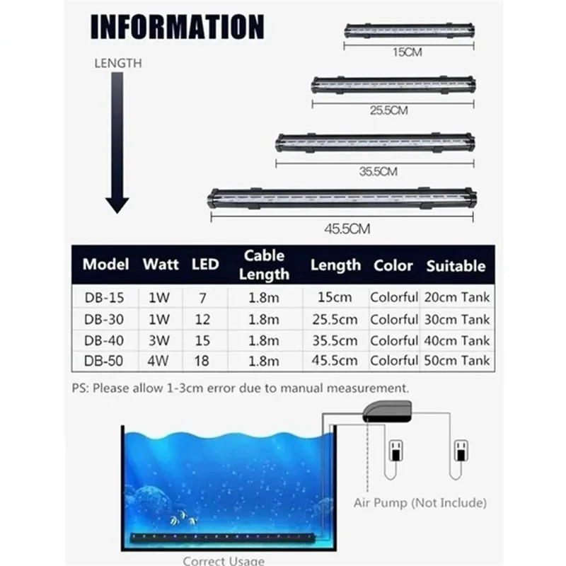 Luz LED colorida para acuario, enchufe europeo/estadounidense, tira de barra sumergible impermeable, iluminación sumergible, decoración de tanque