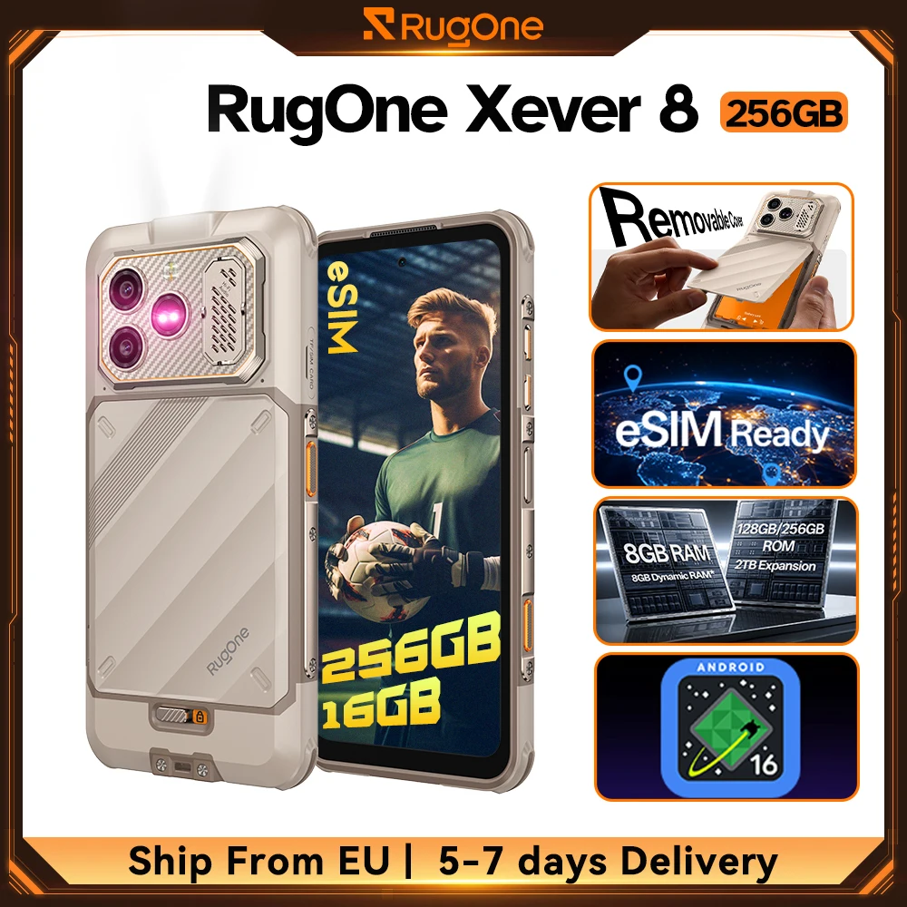 【256 GB ROM】RugOne Xever 8 Smartphone Android 16 4G robuuste telefoon Helio G200 tot 16 GB RAM ESIM 4800 mAh uitneembare batterij waterdicht 6,5” 120Hz scherm outdoor mobiele telefoon wereldwijd NFC