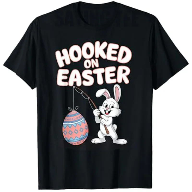 

Hooked On Easter Bunny Fishing Egg Graphic Men's Cotton T-Shirt Funny Holiday Tee
