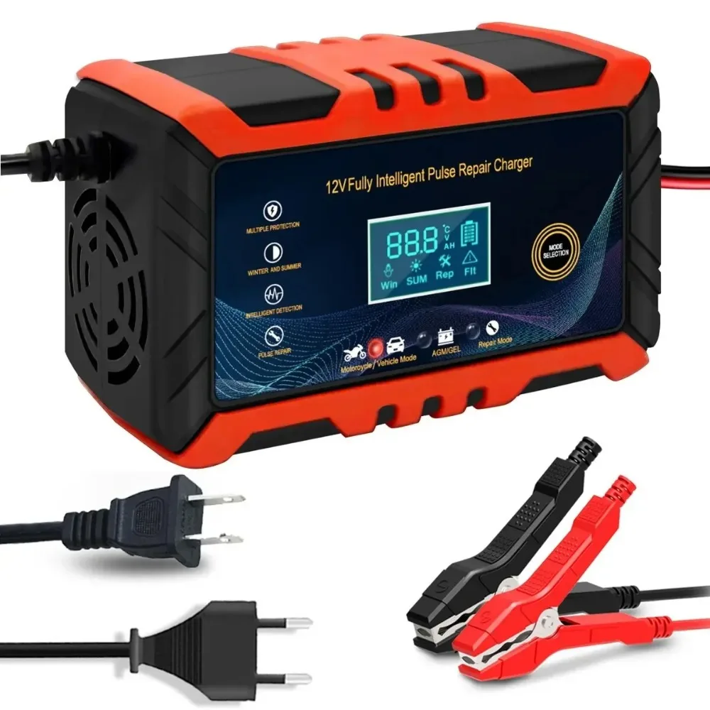 12V Car Motorcycle Battery Charger Intelligent Pulse Repair with LCD Display Auto Battery Maintenance Charging Tool