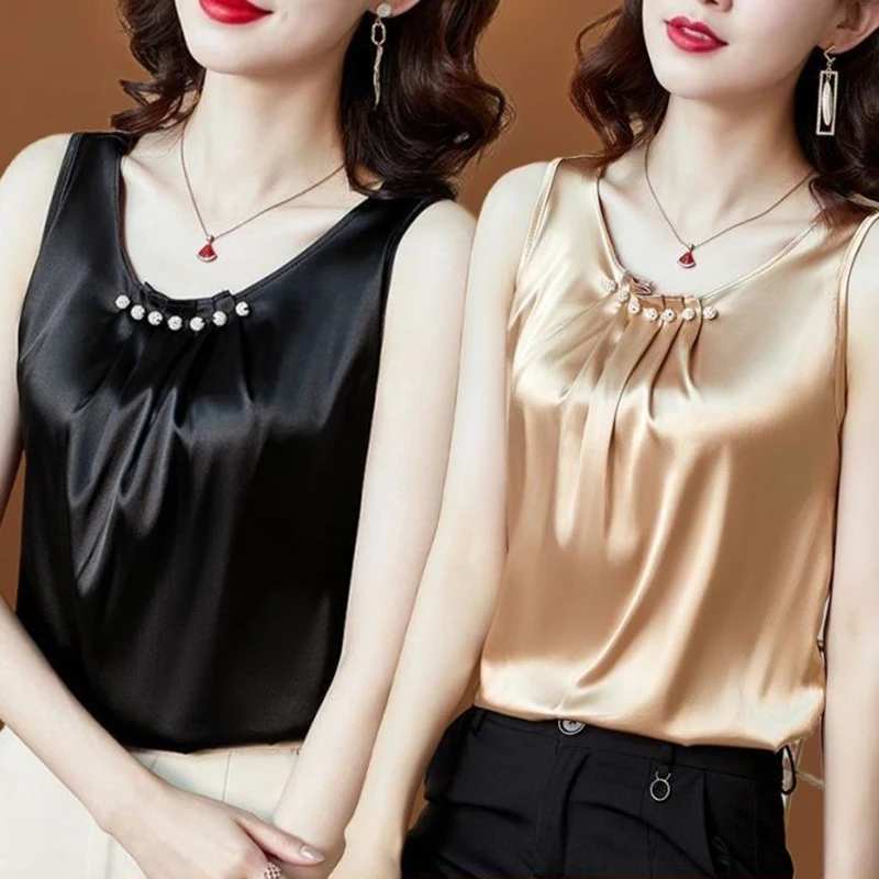 Beading Vest Sleeveless O-neck Pleated Loose Top French Office Lady T-shirt Elegant Female Blous Women Clothes Thin Summer Solid