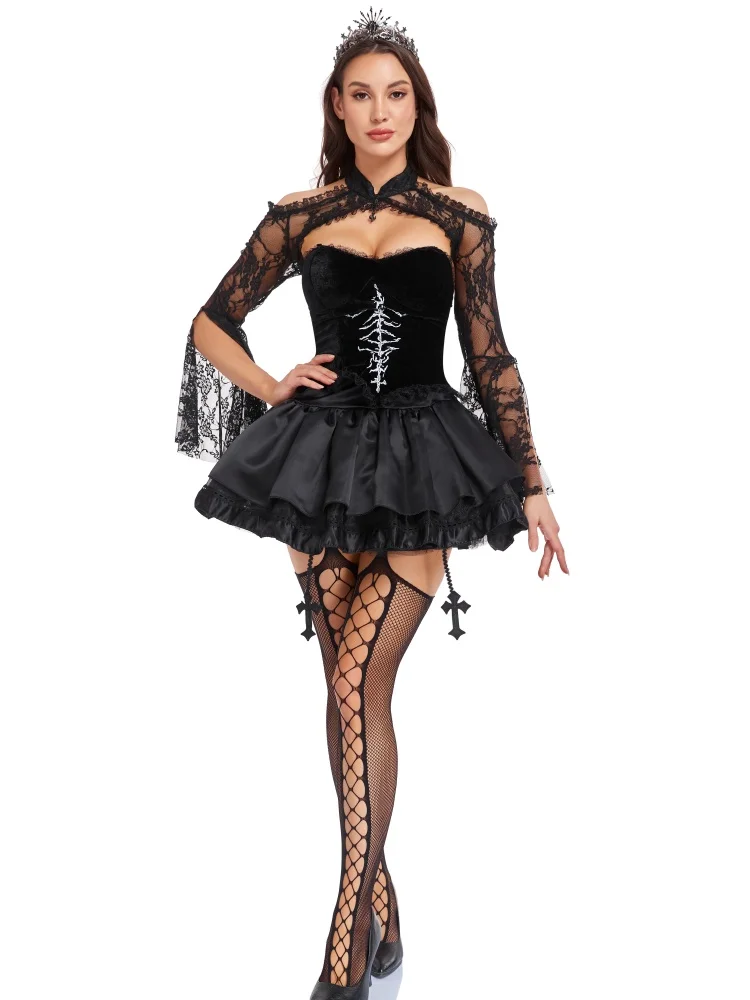 Gotisches Skelett-Cosplay-Kostüm für Damen, schulterfreies Kleid mit Spitze und ausgestellten Ärmeln, kurzes Kleid für Halloween, Nachtclub, Karneval, Rollenspiel-Outfit – Detail 13
