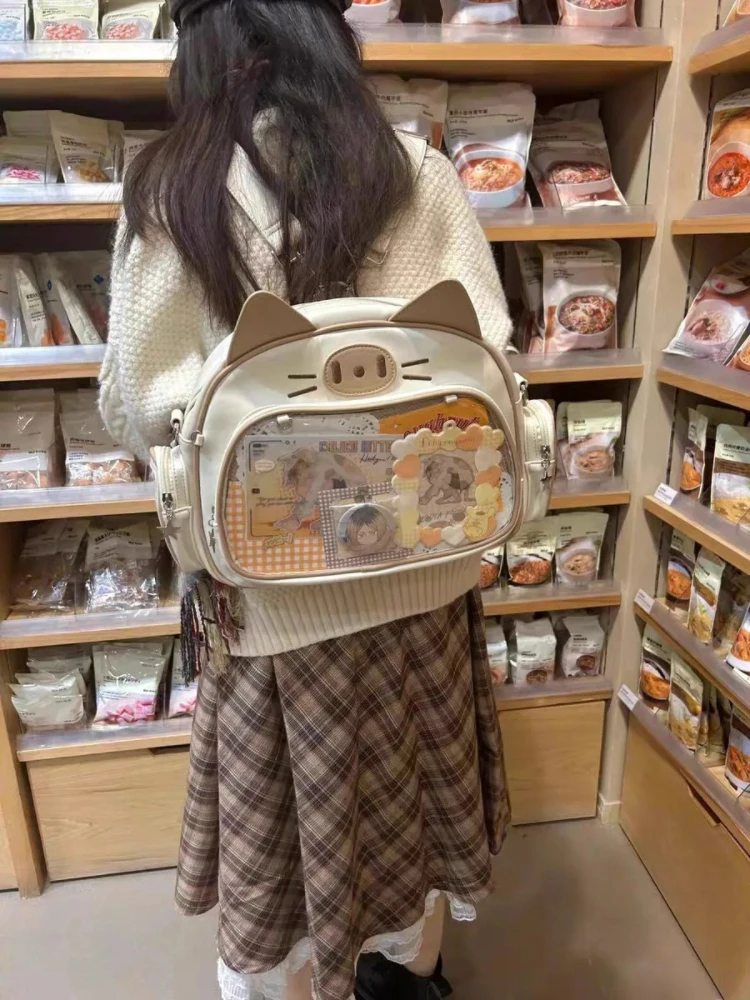 Nowy Y2K Koreański Kawaii Cat Ita Torba Śliczna PU Torba na ramię Dziewczyny Przezroczysta kieszeń Harajuku Crossbody Torba Moda damska Plecaki — zdjęcie 2