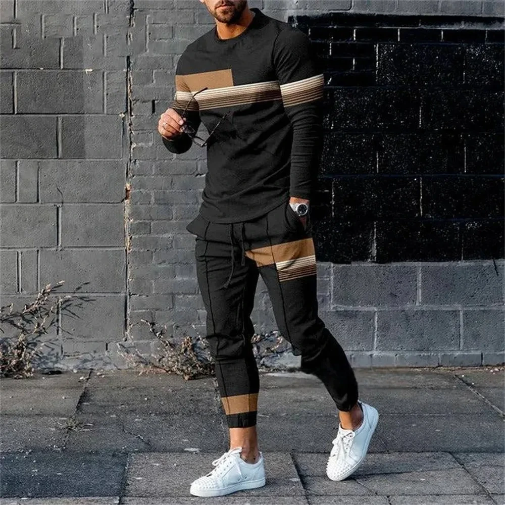 Fashion Color Stripe 3D Print Men\'s Sportswear Set Casual Long-Sleeved T Shirt Pants 2-Piece Set Oversized Pullover Men Clothing