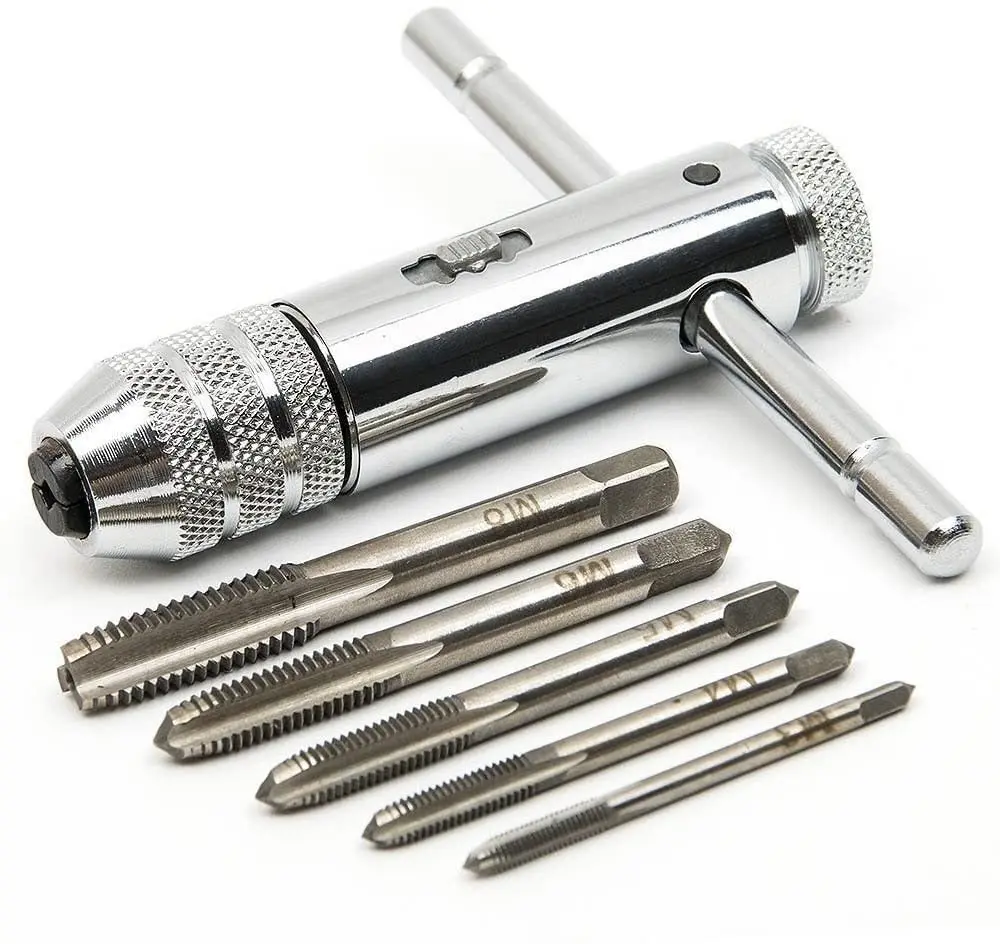 Adjustable T-Handle Ratchet Tap Holder Wrench with 5pcs 3mm-12mm Machine Screw Thread Metric Plug T-shaped Tap