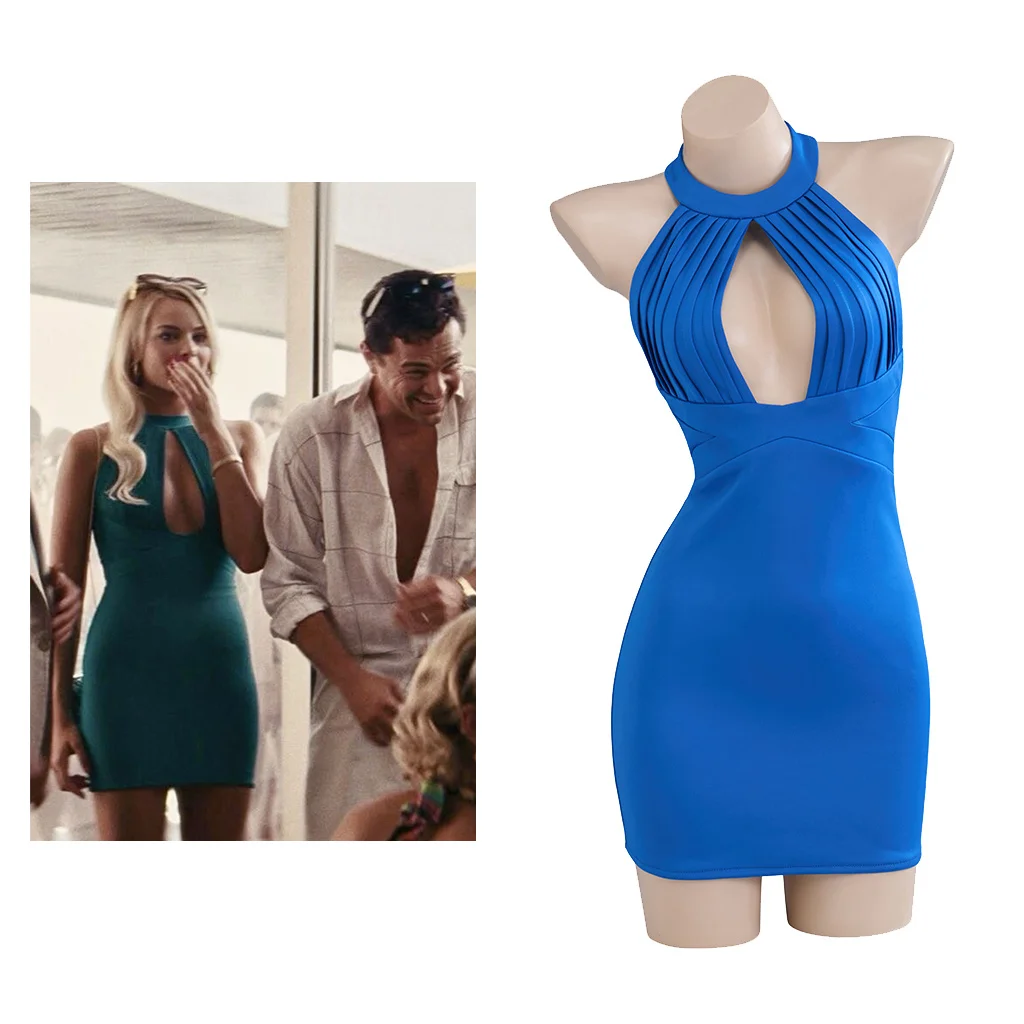 Disfraz de Cosplay de la película Naomi Belfort Margot Robbie, vestido halter sin espalda para mujer, vestido azul sexy de Naomi Belfort para fiesta de Halloween