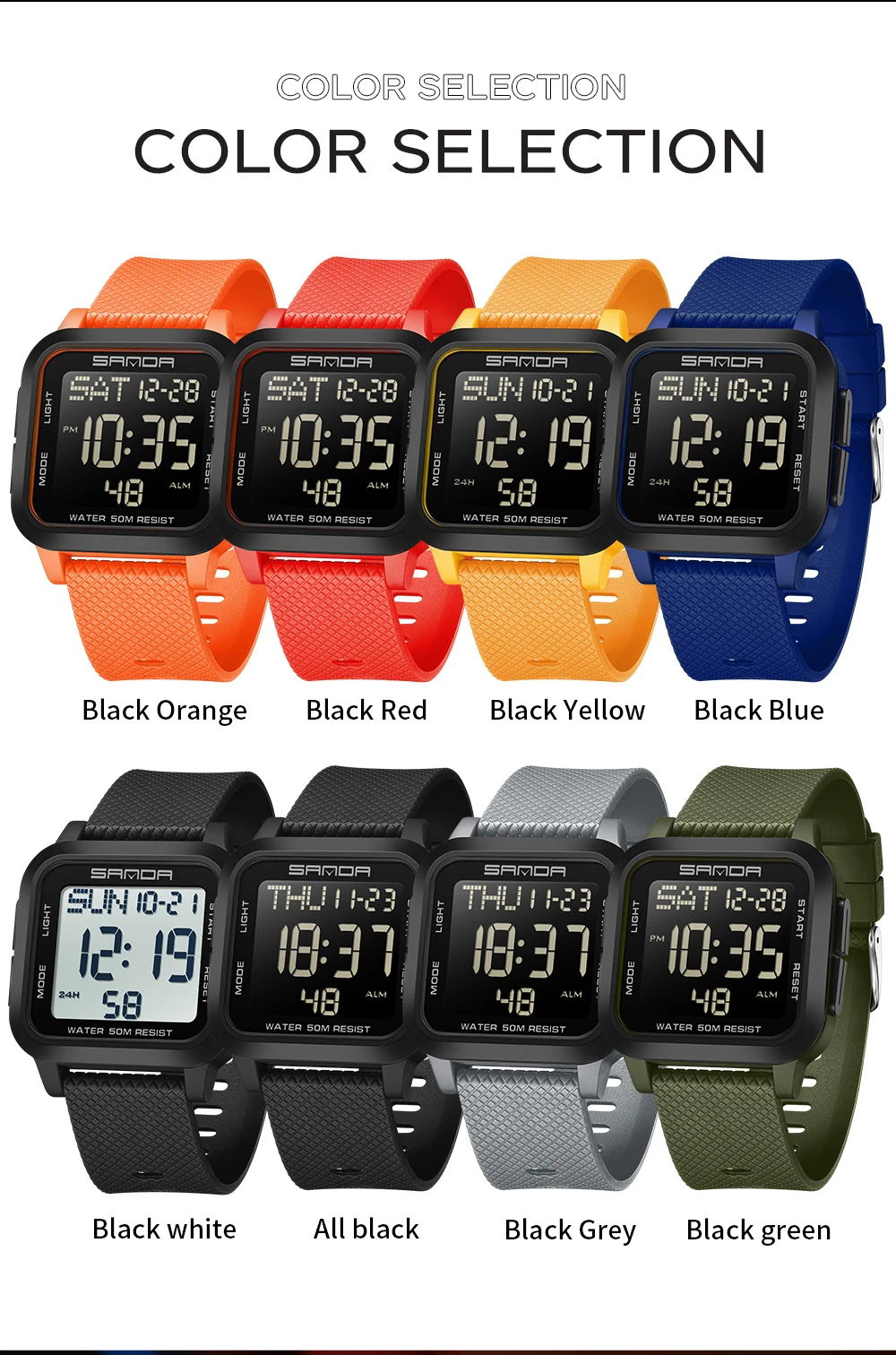 SANDA 2194 брендовые мужские электронные часы, простые повседневные водонепроницаемые многофункциональные студенческие модные квадратные будильники для мужчин 2025
