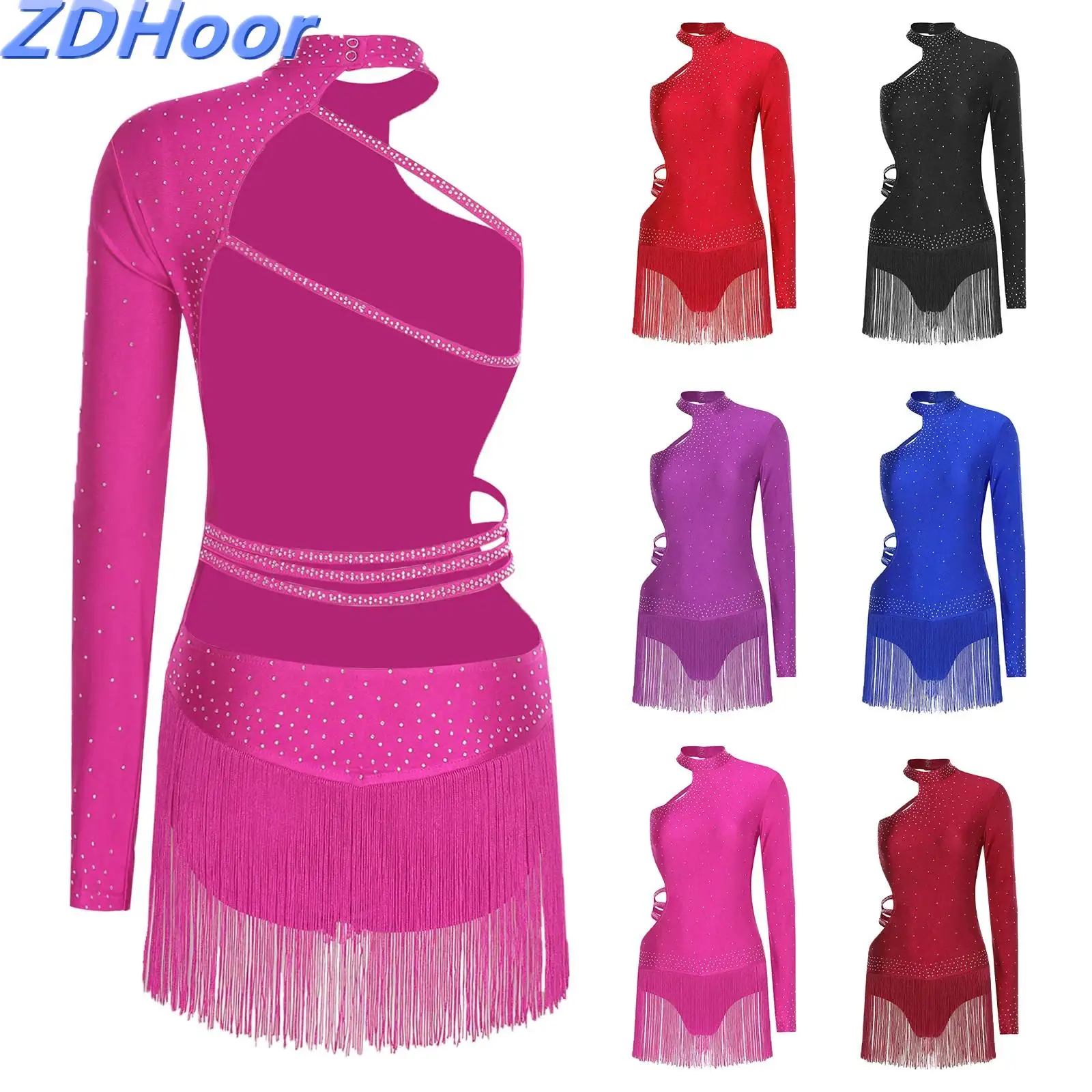 

Womens Latin Dance Leotard Bodysuit Glittery Single Long Sleeve Strappy Backless Tassel Waist Crotch Jumpsuit for Chacha Tango