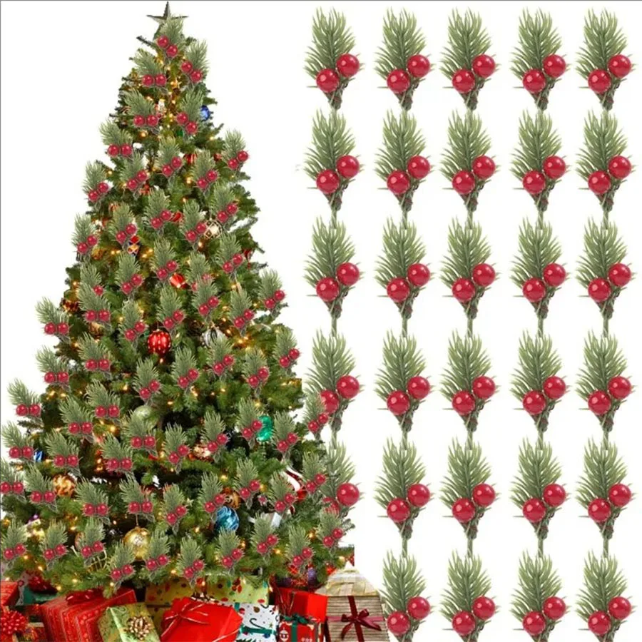 Mini Künstliche Kiefernnadeln & Rote Beeren-Sträuße, Stechpalmenzweige Weihnachtsschmuck, Heim-Innendekoration für Esstisch & Party – Detail 2