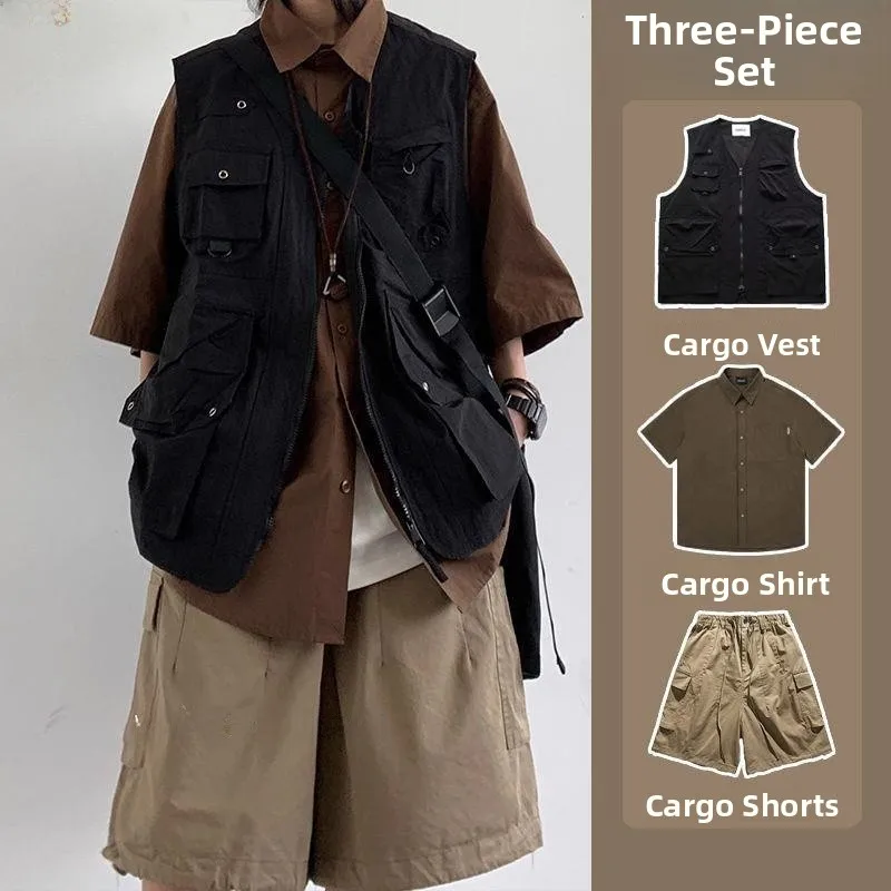 

Loose Bla Vest Summer Retro Svel Tactical Jaet ex College Sle Workwear Tee-piece Set Faionable V-ne Zipper