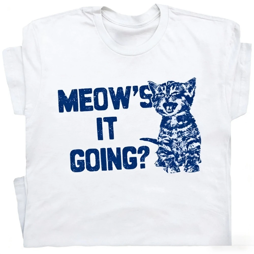 Funny Cat T Shirt Meow's It Going Shirt Cute Cat Pun Tee for Men Gift Cat Saying Tee Kitten Meowdy Partner Retro Graphic Tee