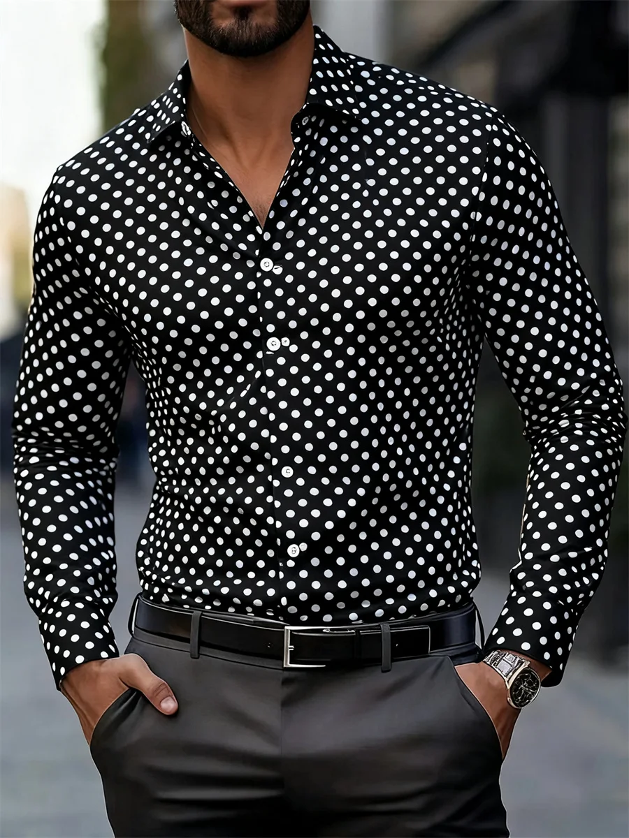 Men's Fashionable Polka Dot Print Long-Sleeved Shirt, Popular Business Casual Slim-Fit Versatile Daily Commuting Trendy Shirt