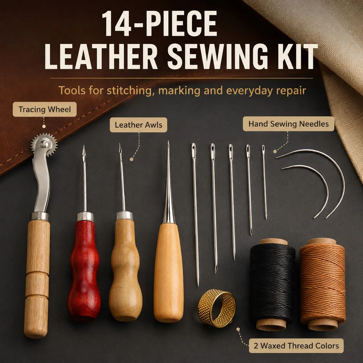 14PCS Leather Sewing Kit Waxed Thread Wood Handle Awl Needles for DIY Leather Craft Repair Stitching